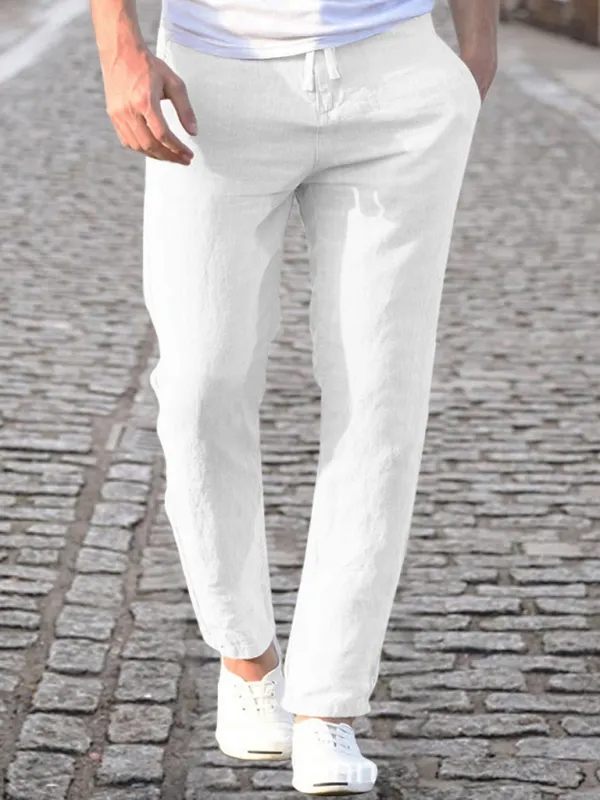 Men's Linen Slim Fit Solid Color Lace Up Elastic Waist Pants - Sunshinetip.com 