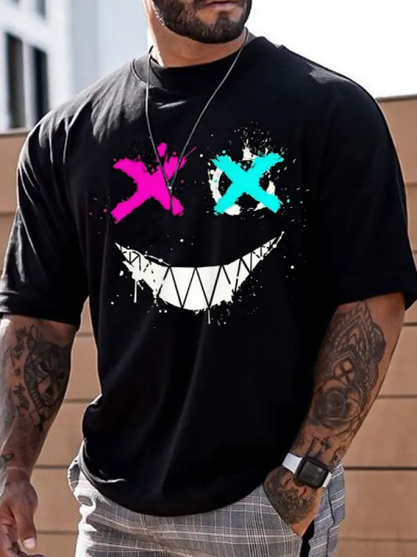 Men's Fashion Smiley Print Short Sleeve T-Shirt Casual Crew Neck Top - Sunshinenice.com 