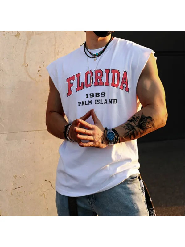 Retro Men's Florida Print Tank Top Oversized Sleeveless T-shirt - Ootdmw.com 