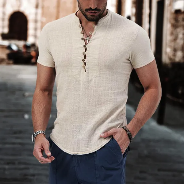 Men's Solid Cotton Linen Henley Collar Casual Slim Fit Stretch T-Shirt Only HKD225.89 - Wayrates.com 