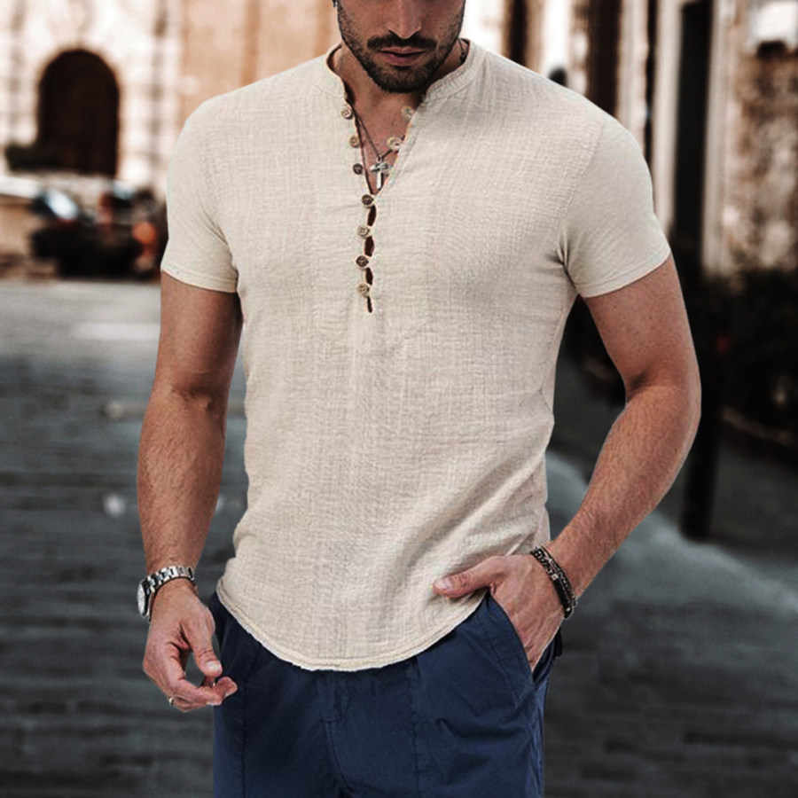 

Men's Solid Cotton Linen Henley Collar Casual Slim Fit Stretch T-Shirt