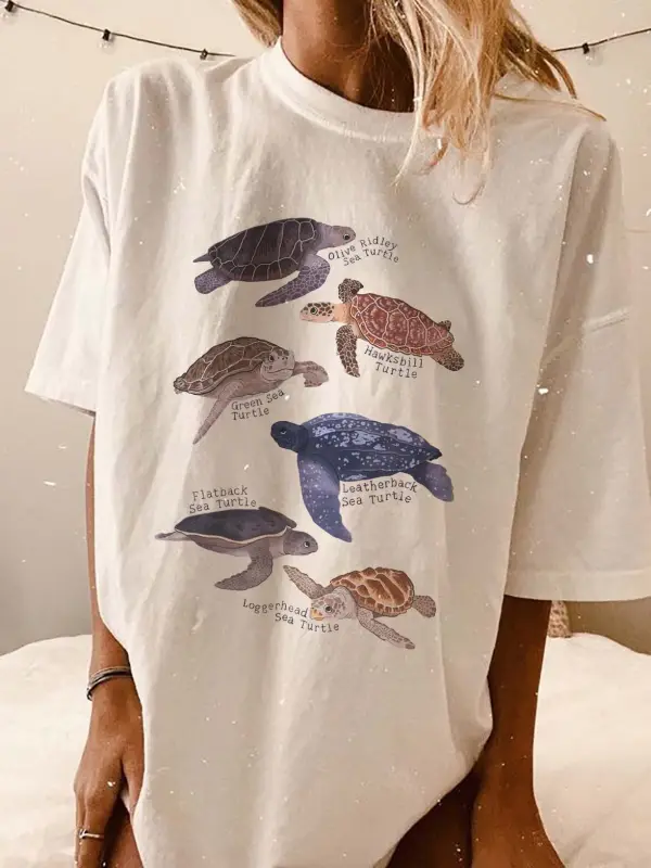 Women's Sea Turtle Marine Life Print Loose T-Shirt - Anrider.com 