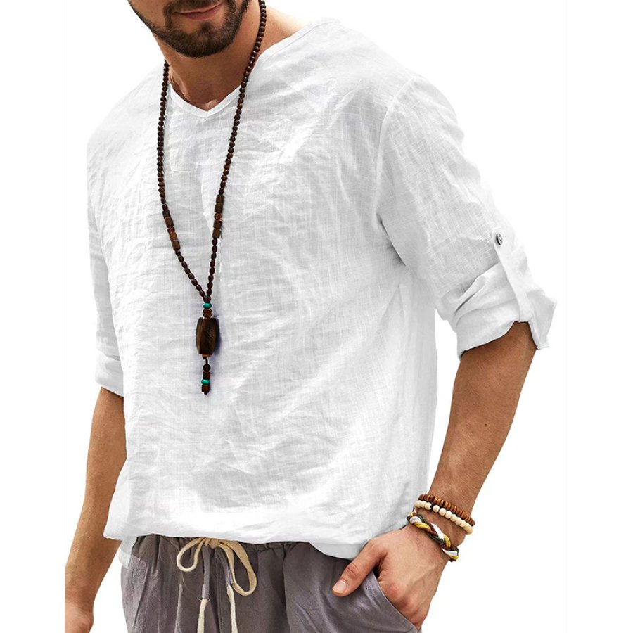 

Men's Summer V-Neck Linen Casual Shirt