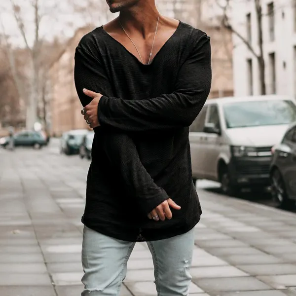 Men's Breathable Long Sleeve Wide Collar Long Sleeve Casual T-Shirt - Keymimi.com 