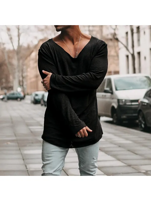 Men's Breathable Long Sleeve Wide Collar Long Sleeve Casual T-Shirt - Realyiyi.com 