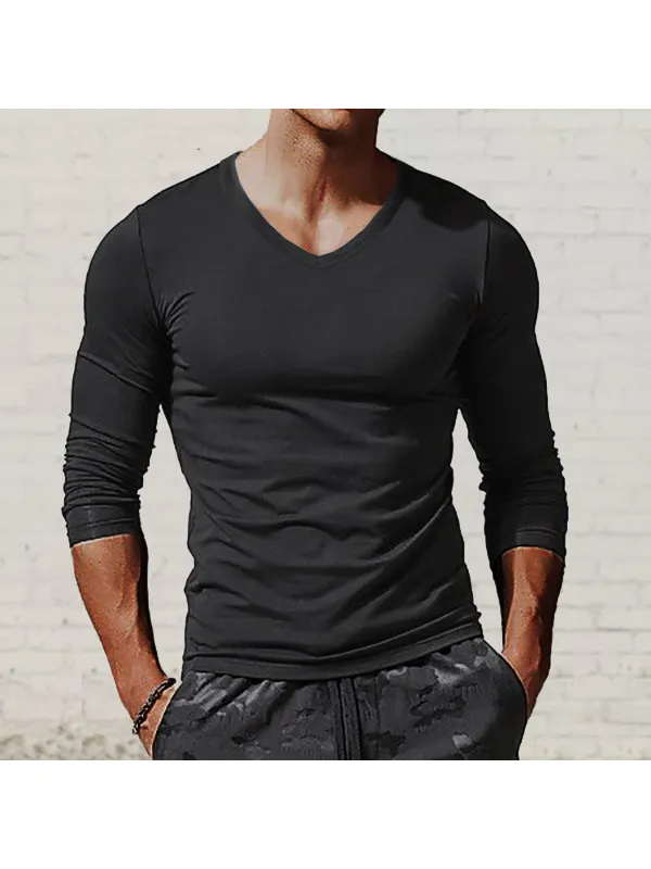 Men's Casual Bottoming Shirt V-Neck Long Sleeve T-Shirt - Realyiyi.com 