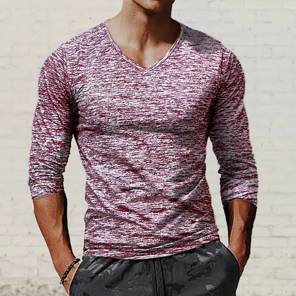 Men's Color Cotton Color Sleeve V-Neck Long Sleeve T-Shirt - Mobivivi.com 