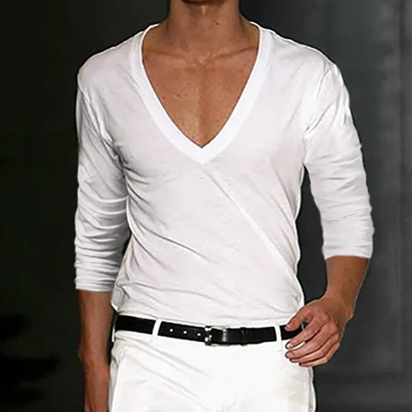 Men's Basic White Deep V-Neck Cotton Long Sleeve T-Shirt - Keymimi.com 