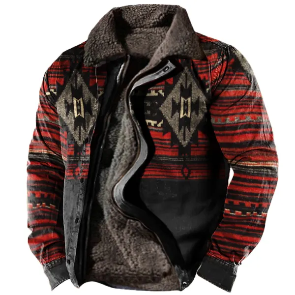 Men's Vintage Ethnic Print Fleece Zipper Tactical Shirt Jacket - Mosaicnew.com 