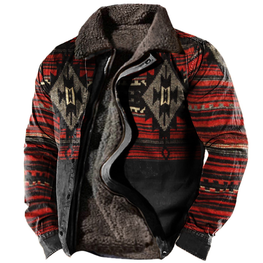 

Men's Vintage Ethnic Print Fleece Zipper Tactical Shirt Jacket