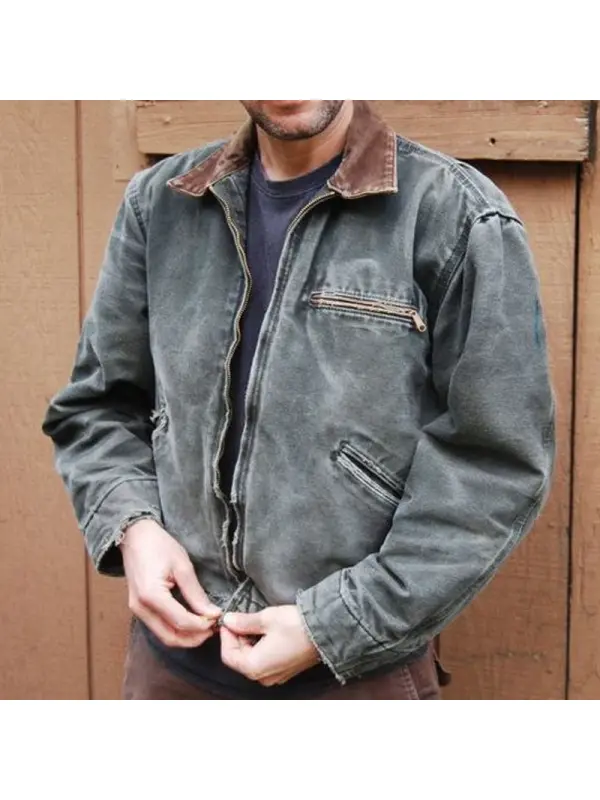 Mens Vintage Denim Fleece Jacket Coat - Machoup.com 