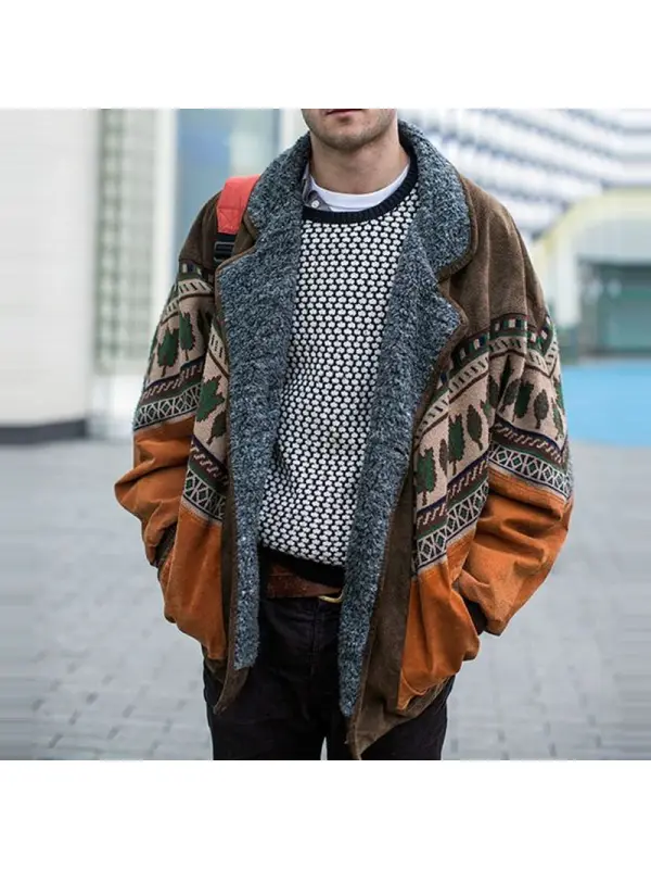 Mens Vintage Printed Fleece Jacket Coat - Ootdmw.com 