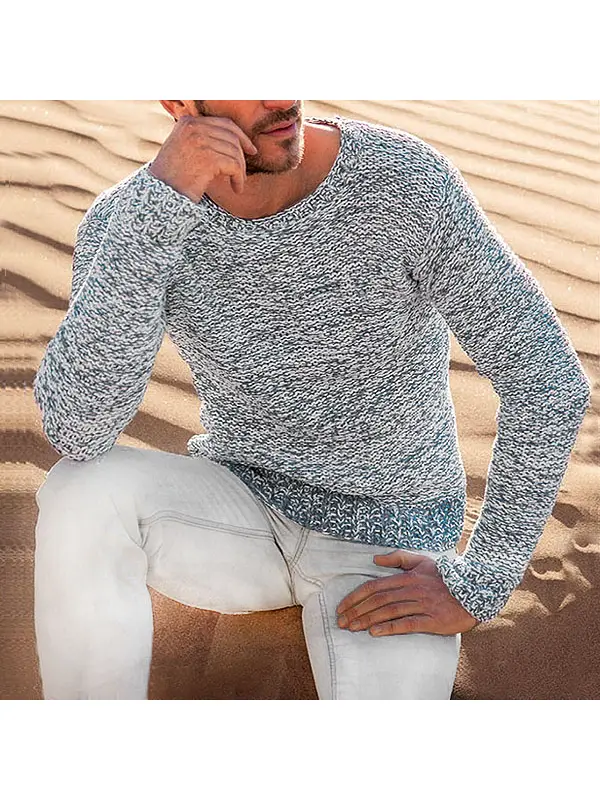 Men's Bohemian Grey Interwoven Color Line Crew Neck Sweater - Ootdmw.com 