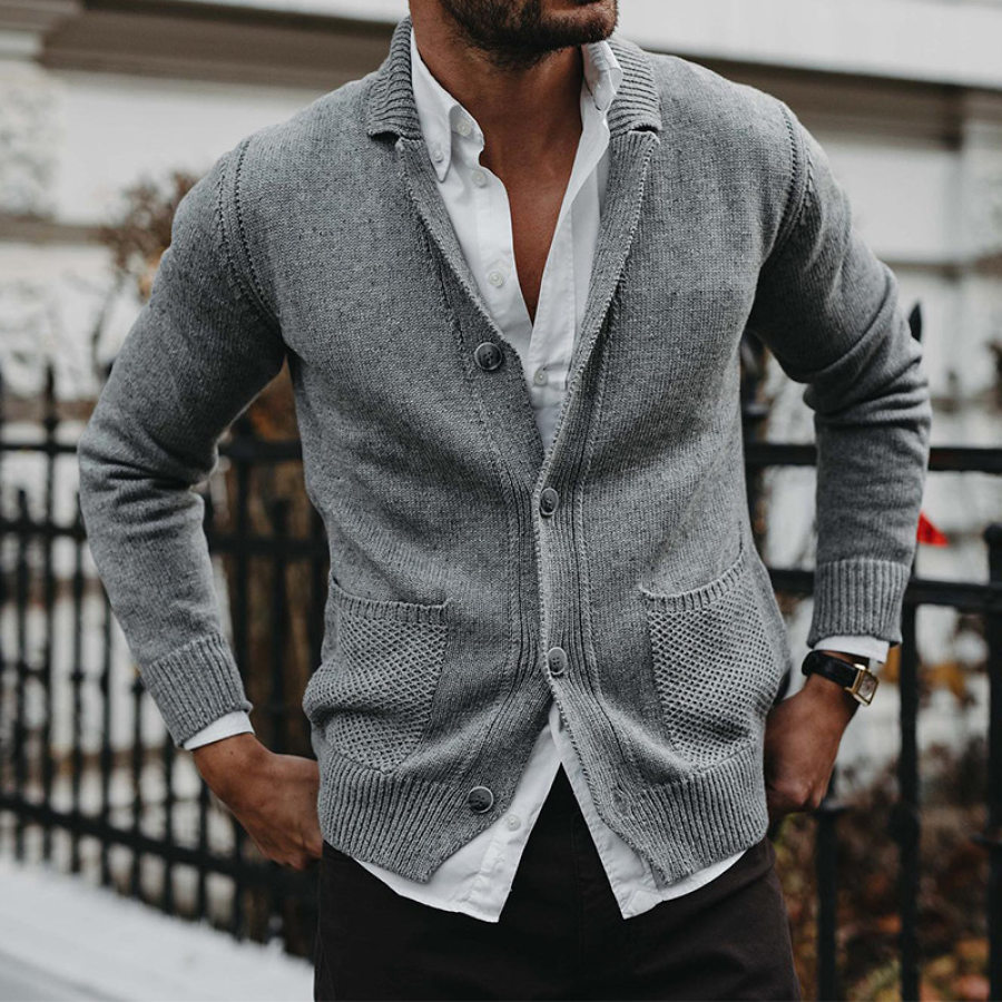 

Men's Solid V-Neck Long Sleeve Pocket Knit Cardigan Jacket