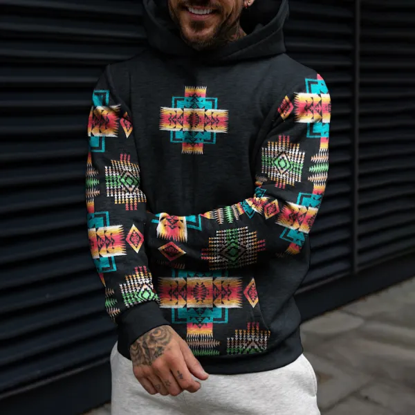 Vintage Men's Casual Western Ethnic Geometric Print Hooded Sweatshirt - Spiretime.com 