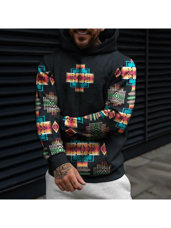 Vintage Men's Casual Western Ethnic Geometric Print Hooded Sweatshirt - Machoup.com 