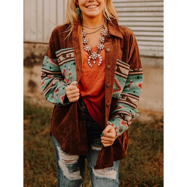 Flannel Panel Aztec Geometric Shirt Jacket For Women - Ootdyouth.com 