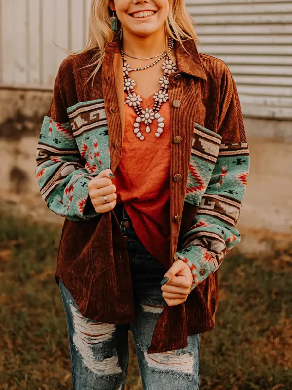 Flannel Panel Aztec Geometric Shirt Jacket For Women - Ootdmw.com 