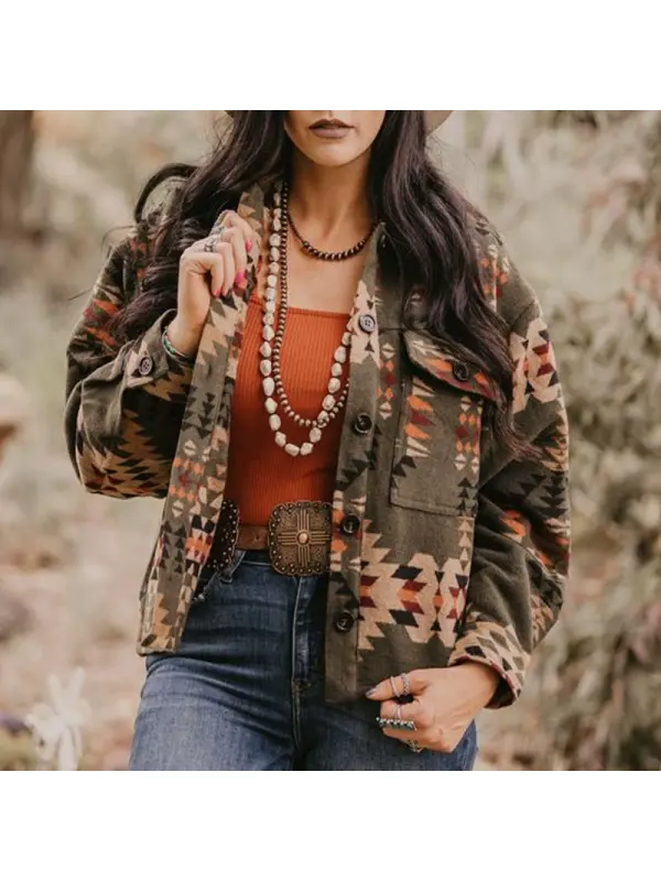 Women Vintage Aztec Outdoor Warrm Woolen Hunting Jacket - Anrider.com 