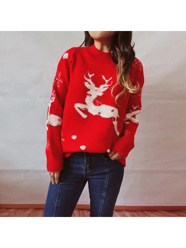 Women New Year's Christmas Fawn Holiday Crew-neck Knit Sweater - Anrider.com 