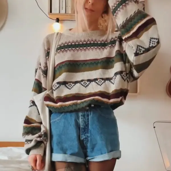 Women Vintage Stripe Graphic Knitted Sweater - Spiretime.com 