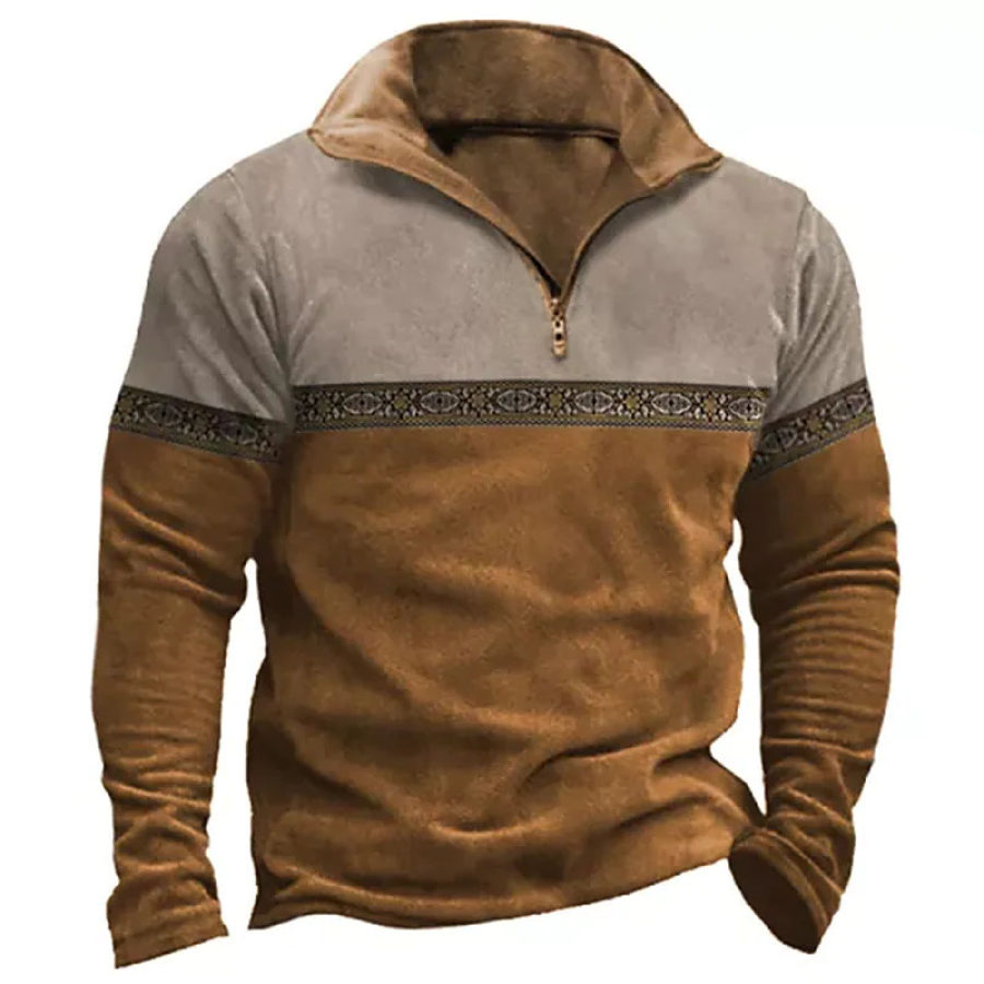 

Mens Outdoor Vintage Color Patchwork Zip Sweatshirt