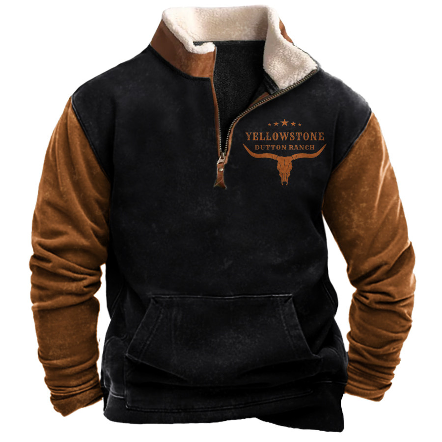 

Men's Vintage Western Yellowstone Colorblock Zipper Stand Collar Sweatshirt