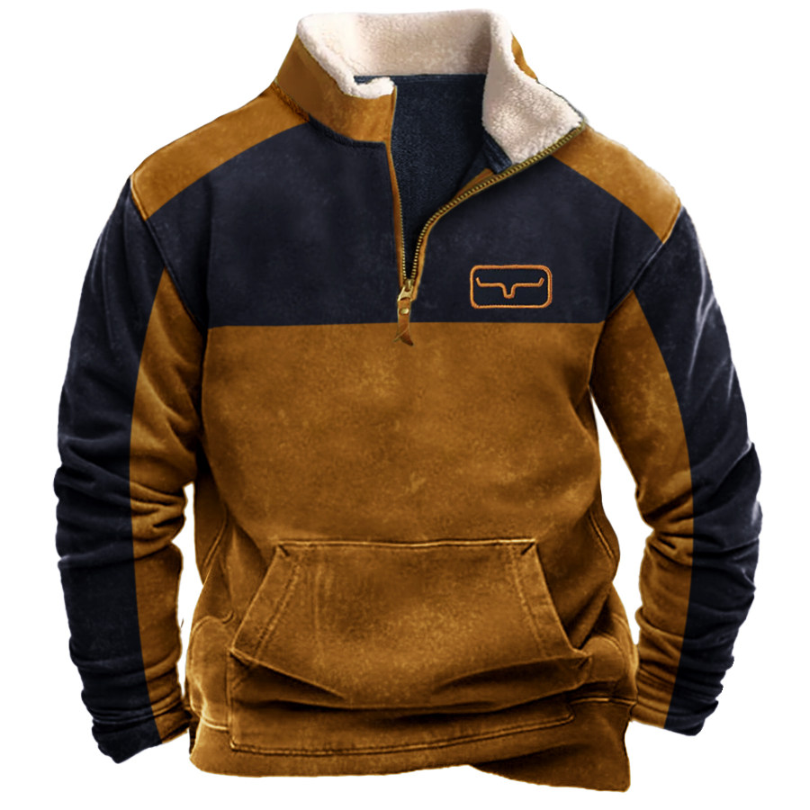 

Men's Vintage Western Yellowstone Colorblock Zipper Stand Collar Sweatshirt