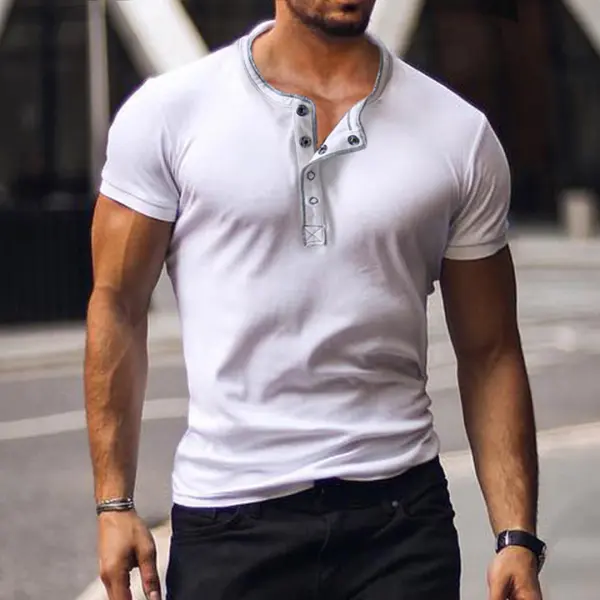 Men's Casual Breathable Vintage Henley Collar Cotton Short Sleeve T-Shirt - Spiretime.com 
