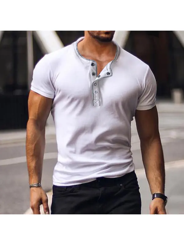 Men's Casual Breathable Vintage Henley Collar Cotton Short Sleeve T-Shirt - Anrider.com 