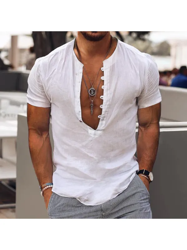 Men's Linen Simple Design V-Neck Short Sleeve Shirt - Anrider.com 