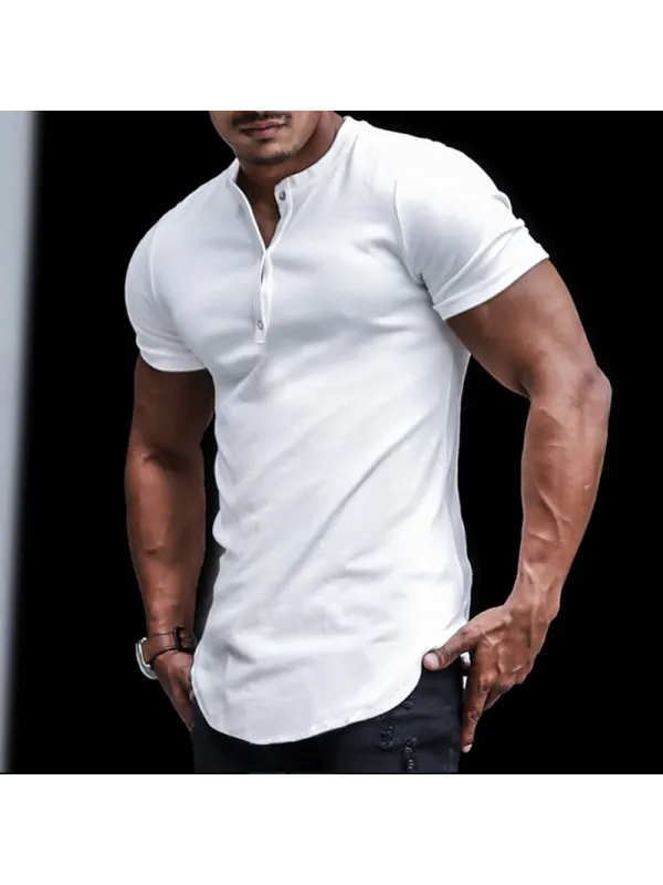 Camiseta Casual De Manga Corta Con Cuello En V Y Medio Cárdigan Camiseta Ajustada Con Cuello Henley Elástico Para Hombre - Localziv.com 