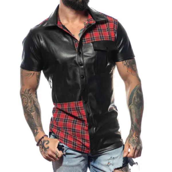 Leather Check Panel Short Sleeve Shirt - Ootdyouth.com 