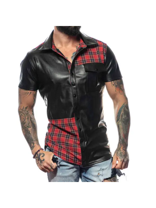 Leather Check Panel Short Sleeve Shirt - Timetomy.com 