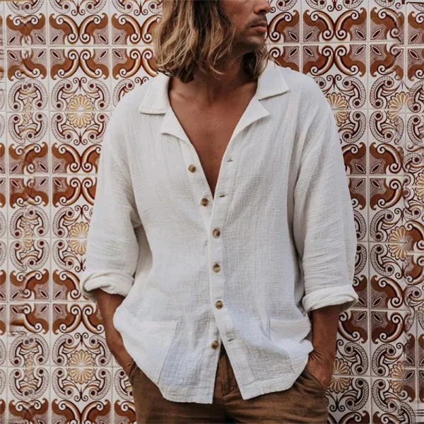 Men's Casual Loose Cotton Linen Long-sleeved Shirt - Freemacho.com 