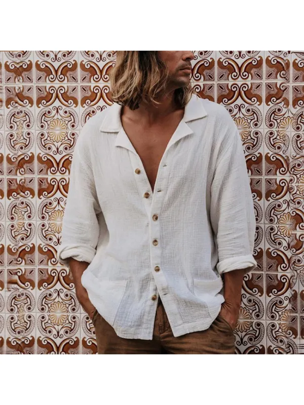 Men's Casual Loose Cotton Linen Long-sleeved Shirt - Ootdmw.com 