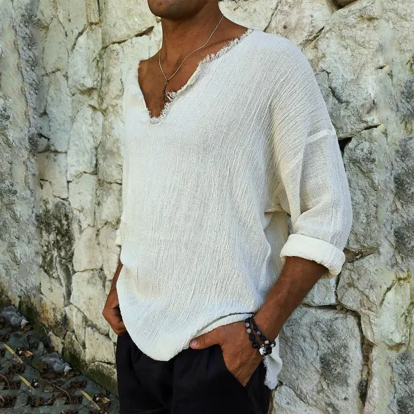 Men's V-neck Linen Long Sleeve Shirt - Keymimi.com 