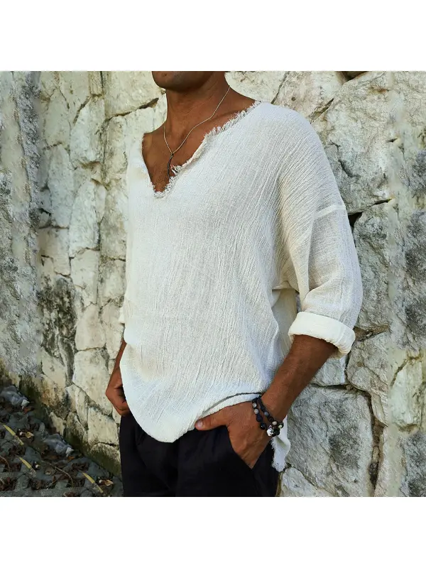 Men's V-neck Linen Long Sleeve Shirt - Anrider.com 