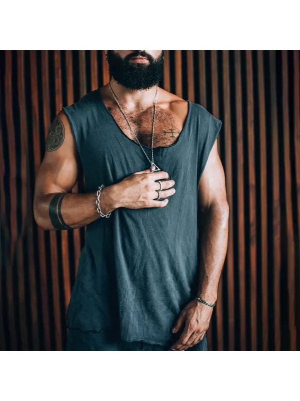 Men's Holiday Tropical Tribal Style Cotton Casual Tank Top Irregular Cut Comfortable Breathable Top Oversized - Anrider.com 