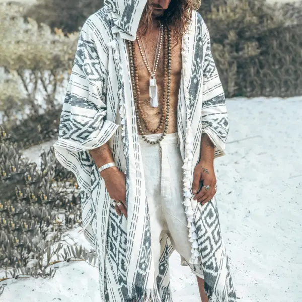 Men's Totem Print Linen Hooded Cape - Spiretime.com 