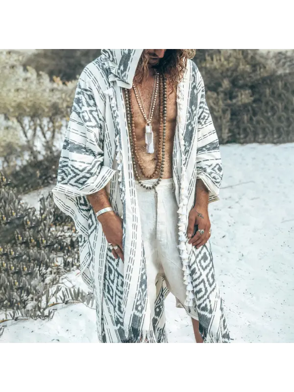 Men's Totem Print Linen Hooded Cape - Timetomy.com 
