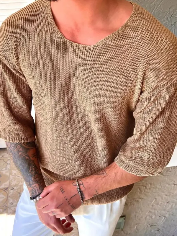 Knitted Wool 3/4 Sleeve Solid T-Shirt - Sunshinetip.com 