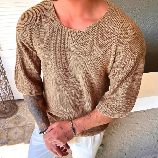 Knitted Wool 3/4 Sleeve Solid T-Shirt - Spiretime.com 