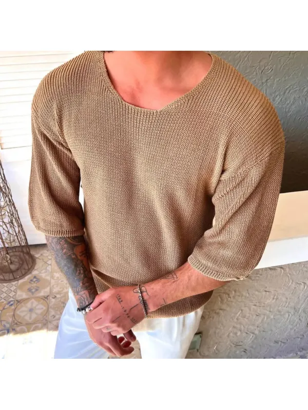 Knitted Wool 3/4 Sleeve Solid T-Shirt - Anrider.com 