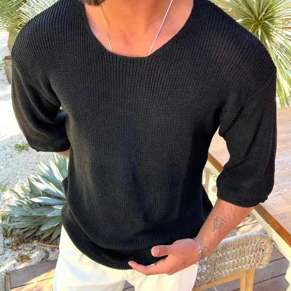 Knitted Wool 3/4 Sleeve Solid T-Shirt - Ootdyouth.com 