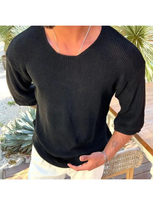 Knitted Wool 3/4 Sleeve Solid T-Shirt - Anrider.com 