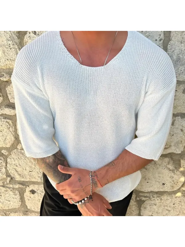 Knitted Wool 3/4 Sleeve Solid T-Shirt - Ootdmw.com 