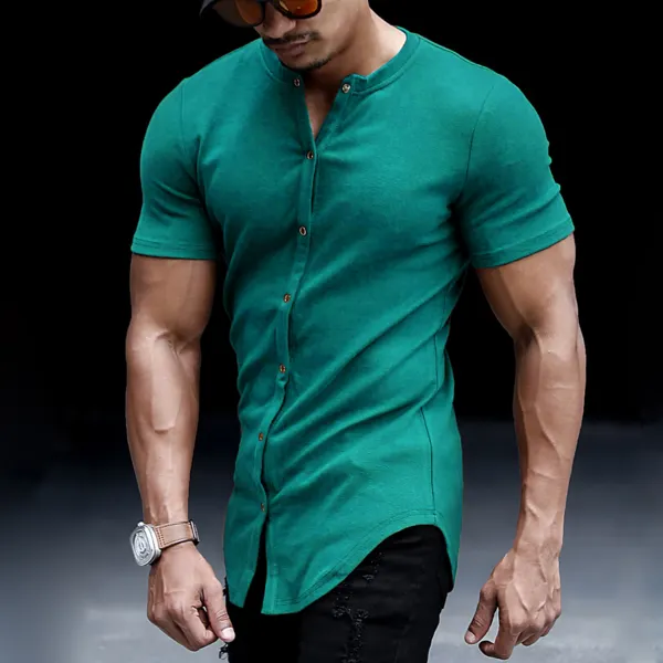 Men's Casual Slim Solid Color Short Sleeve Shirt Outdoor Fitness Sports Running Pure Cotton Stand Collar Cardigan - Keymimi.com 