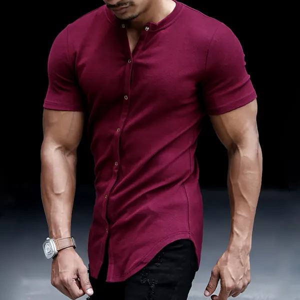 Men's Casual Slim Solid Color Short Sleeve Shirt Outdoor Fitness Sports Running Pure Cotton Stand Collar Cardigan - Dozenlive.com 