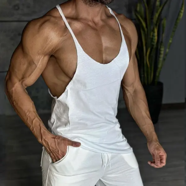 Pure Cotton Deep Collar Men's Fitness Vest - Menilyshop.com 